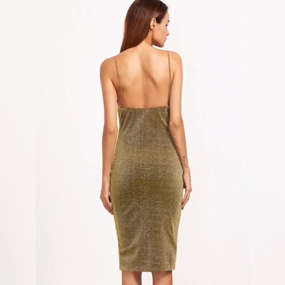 ✨HP✨Gold Glitter Deep V Neck Cami Sheath Dress✨ - Picture 3 of 4